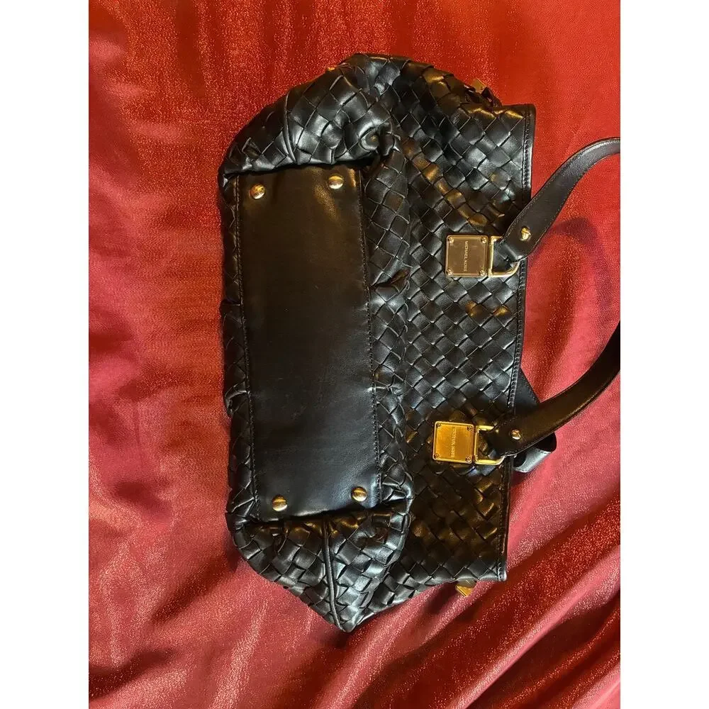 Michael Kors Shoulder Bag Womens Medium Woven Leather Black Gold Hardware MK